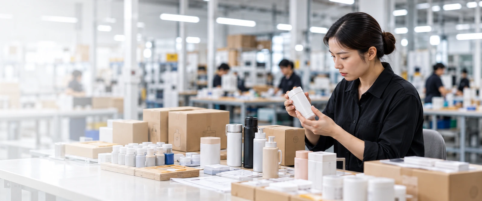 Sourcing specialist reviewing product samples in a factory
