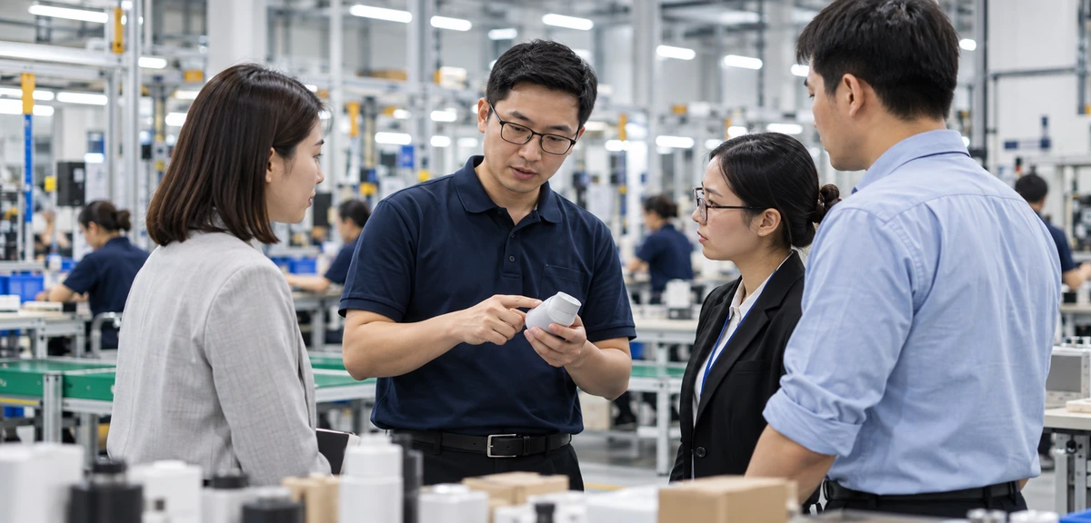 Factory team reviewing a product sample together