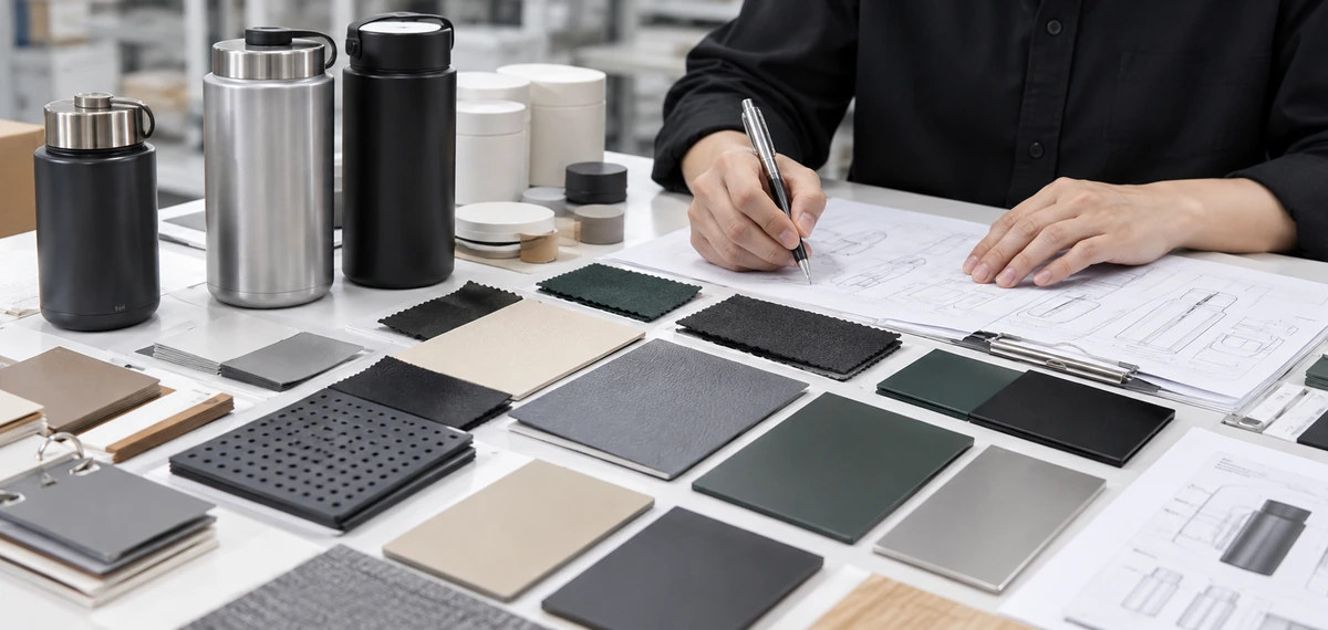 Insulated bottle samples and material swatches on a review desk