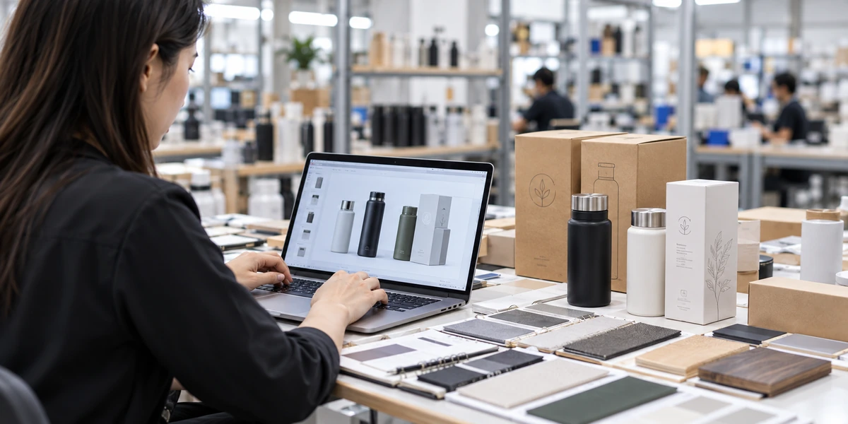 Designer reviewing private label bottles and packaging mockups