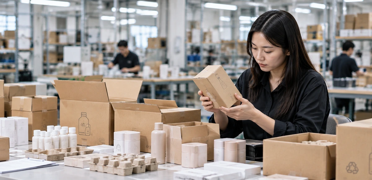 Packaging coordinator inspecting cartons and protective inserts
