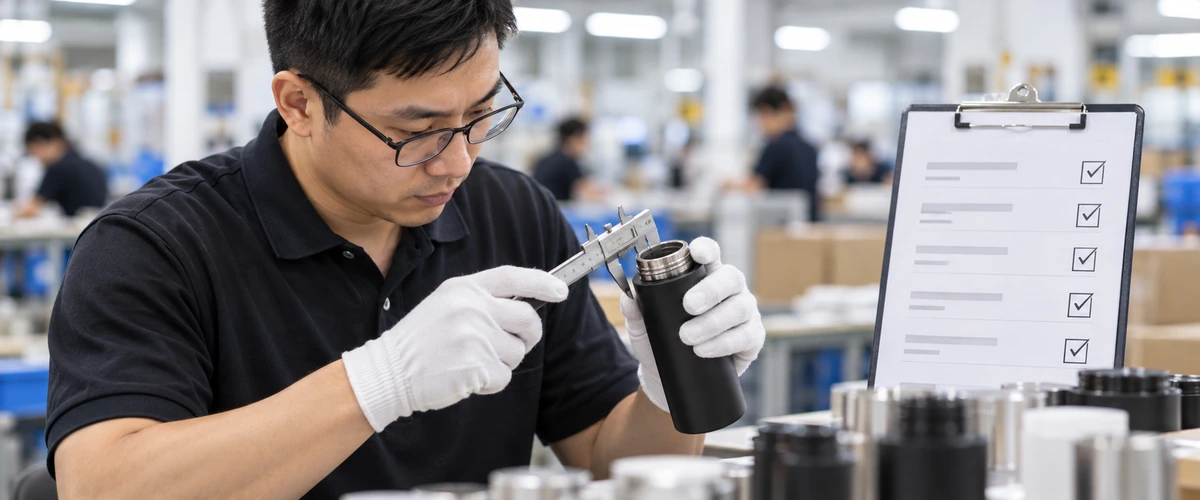 Quality inspector measuring a product with calipers beside a checklist
