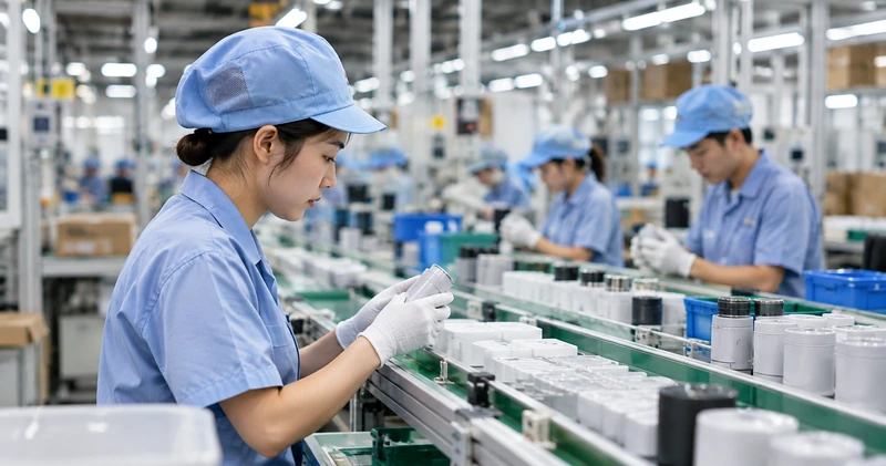 Assembly line employee inspecting products during production