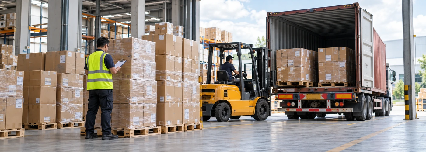 Warehouse team preparing cartons and pallets for shipment